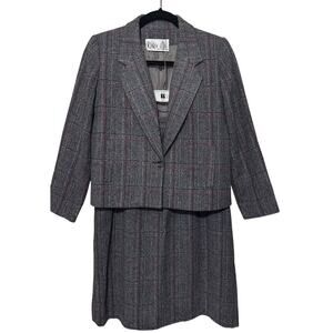 VINTAGE Wool Suit Gray Plaid Adolfo Esprit Jacket skirt career 80s womens Small